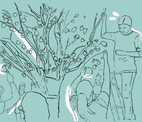 Desenho de pessoas colhendo frutos de uma árvore.
