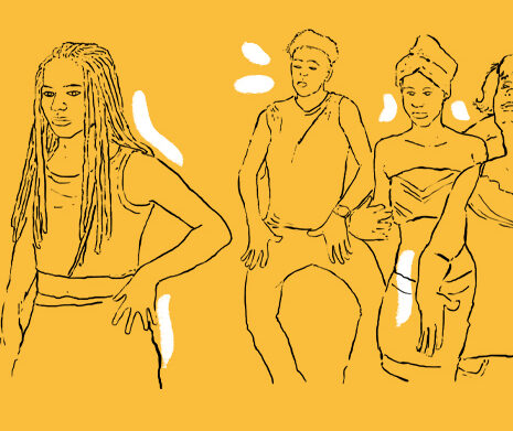 Desenho de quatro pessoas dançando, imagem em fundo amarelo.