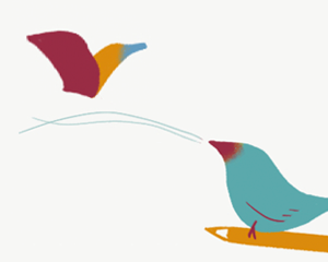 Desenho de dois pássaros, um está voando e o outro pousado por cima de um lápis.