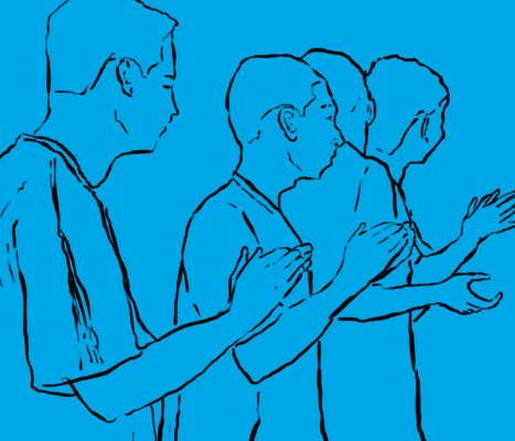 Desenho em fundo azul de quatro pessoas batendo palmas.