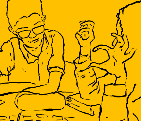 Desenho em fundo amarelo de duas pessoas conversando.