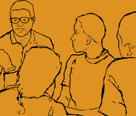 Desenho em fundo amarelo de quatro pessoas conversando.