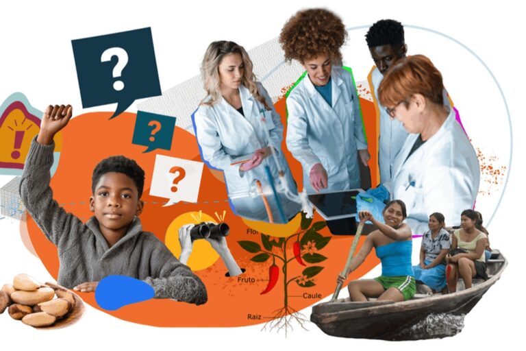 Colagem elementos e fotografias da identidade visual da campanha dos professores 2025