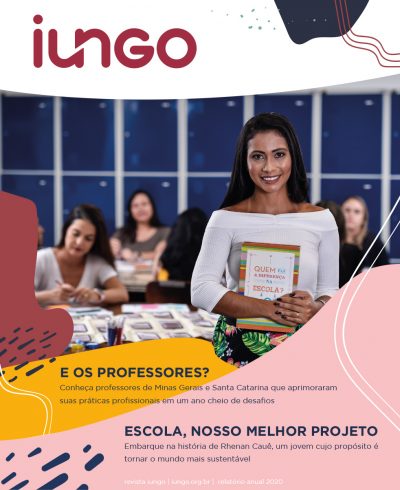 Imagem de capa da revista iungo 2020 com uma mulher em destaque segurando um livro.